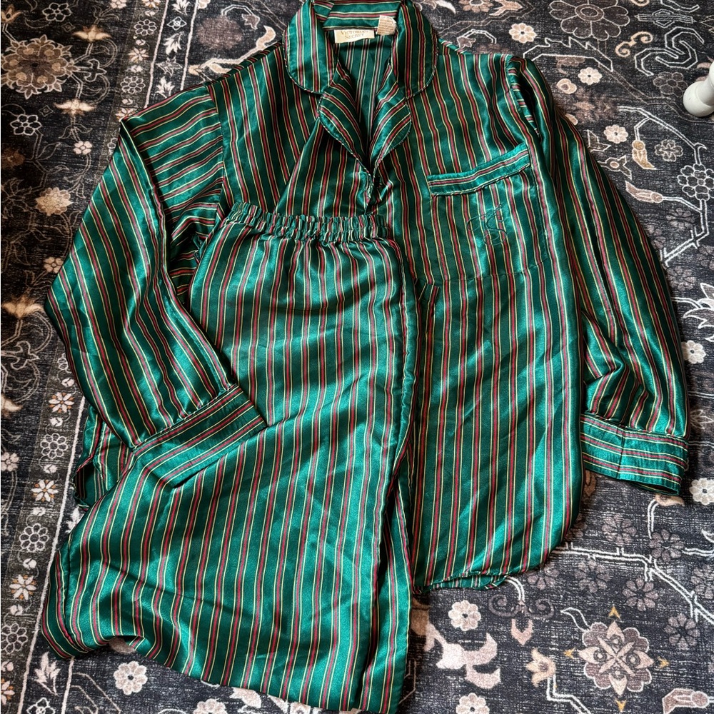 Vintage Victoria's Secret Green & Red Striped Satin Pajama Set